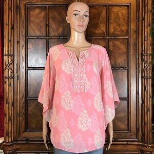 Belle Pink Medallion Embroidered Butterfly Sleeve Chiffon Split V-neck Top